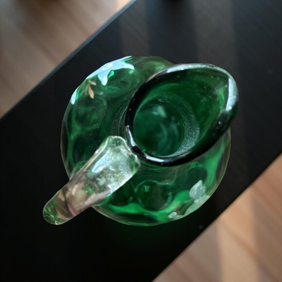Vintage Green Art Glass Pitcher | Mary Gregory Style Hand Painted | Boho Vanity - Picture 4 of 5